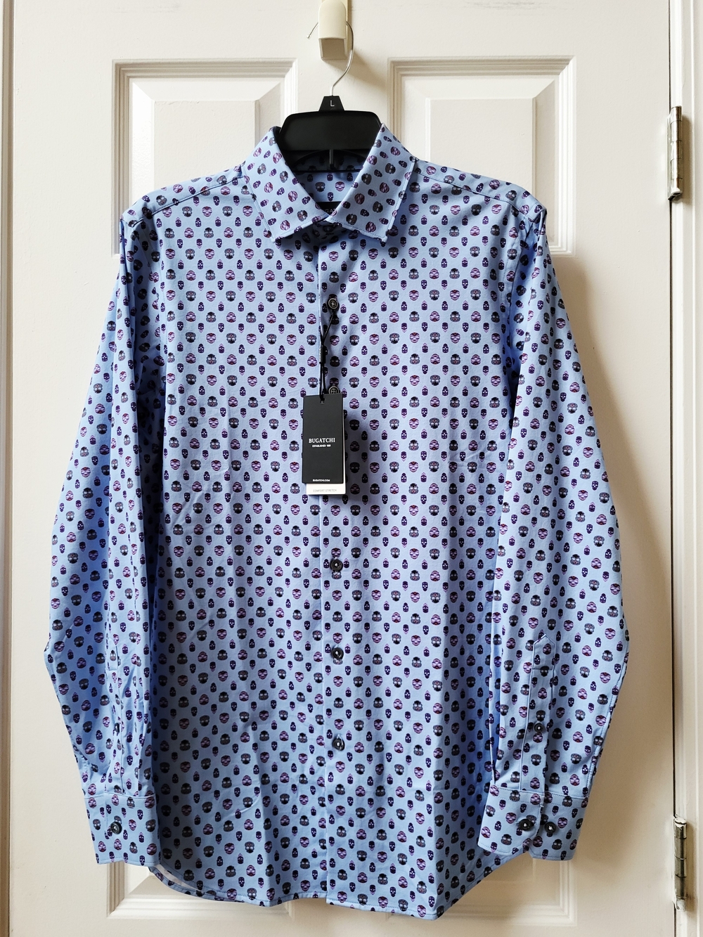 Bugatchi Blue Long Sleeve 8-Way Stretch Skull Print Men's Size S Shirt NWT
